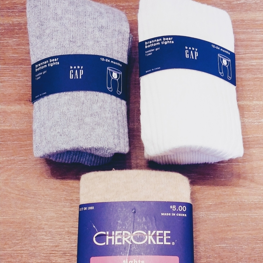 3 pair Girls Tights 12-24 months Gray Cream Gold